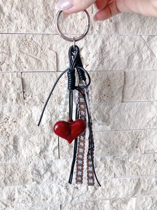 Accessories - Bag charm key chain Red Heart with Pearl & Floral Tassels